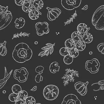 Seamless pattern. Pizza ingredients background. Tomato, garlic, basil, olive 스톡 일러스트