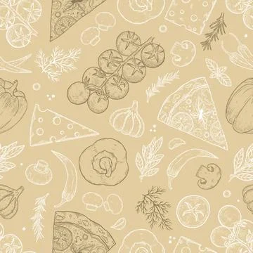 Seamless pattern. Pizza ingredients background. Tomato, garlic, basil, olive Stock Illustration