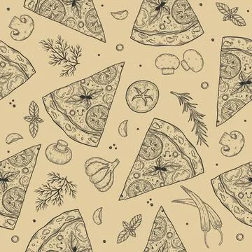 Seamless pattern. Pizza ingredients background. Tomato, garlic, basil, olive Stock Illustration