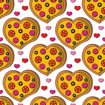 Seamless pattern with Pizza in the shape of a Heart Stock Illustration