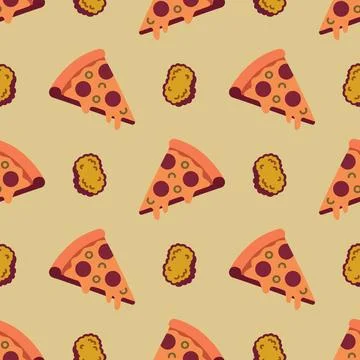 Seamless pattern with pizza slices and nuggets on a beige background イラスト素材