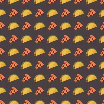 Seamless pattern with pizza slices and tacos on a dark gray background Stock Illustration