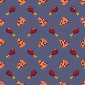 Seamless pattern with pizza slices and fried chicken legs on a slate blue b.. Stock Illustration