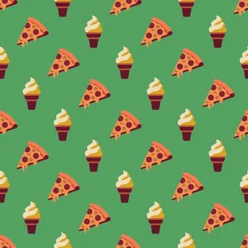 Seamless pattern with pizza slices and ice cream on a green background Stock Illustration