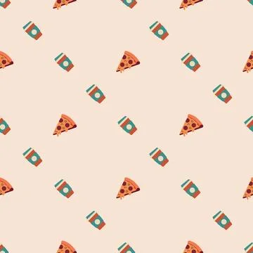 Seamless pattern with pizza slices and coffee cups on a light beige backgroun Stock Illustration