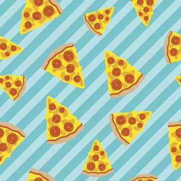 Seamless pattern with pizza slices on blue diagonal stripes Stock Illustration