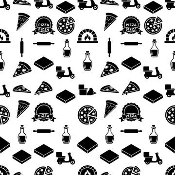 Seamless pattern of pizza slices, delivery scooters, pizza boxes, rolling p.. Stock Illustration