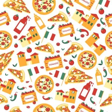 Seamless pattern of pizza slices with ingredients. Bright seamless background of Stock Illustration