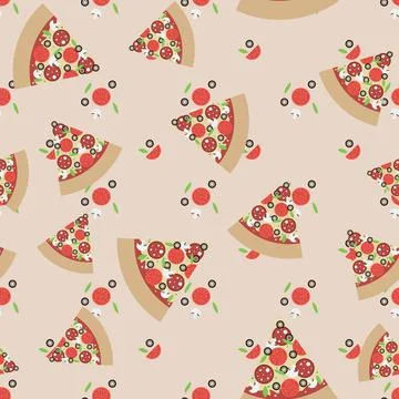 Seamless pattern of pizza slices with ingredients. Bright seamless background Stock Illustration