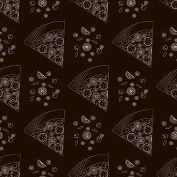 Seamless pattern of pizza slices with ingredients. Outline seamless backgroun Stock Illustration