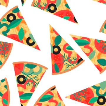 Seamless pattern with pizza slices on white background. Backdrop with delicio Illustrazione stock