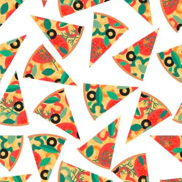 Seamless pattern with pizza slices on white background. Backdrop with delicio Stock Illustration