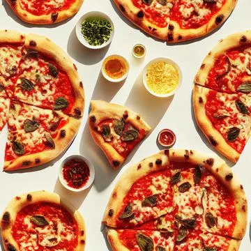 Seamless pattern with pizza slices on white background. Backdrop with delicio Stock Photos