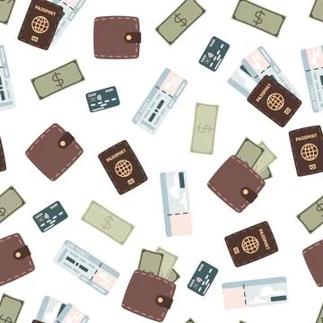 Seamless pattern with plane tickets, passport and money. Endless background w Stock Illustration