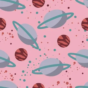 Seamless pattern of planets and dots, cute illustration, cartoon style, digital Stock Illustration
