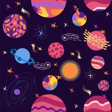 Seamless pattern of planets, rockets and stars. Cartoon planet Stock Illustration