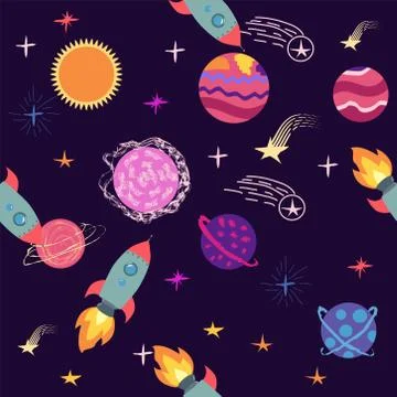 Seamless pattern of planets, rockets and stars. Cartoon planet Stock Illustration