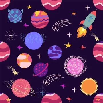 Seamless pattern of planets, rockets and stars. Cartoon planet Stock Illustration