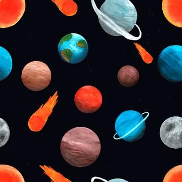 Seamless pattern, planets of the solar system, hand-drawn by paints on a back Stock Illustration