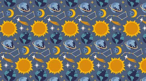 Seamless pattern with planets, Sun, Moon, eclipse, stars, constellation, comets. Stockillustratie