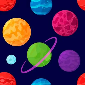 Seamless pattern of planets. Vector cartoon background. Flat. Stock Illustration
