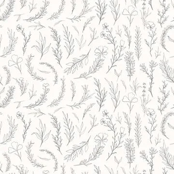 Seamless pattern plant nature hand drawn set. Outline botanical element.Elegante Stock Illustration