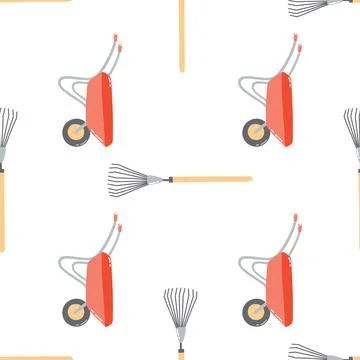Seamless pattern with plant in pot and wheelbarrow. Hand drawn springtime g.. Stock Illustration
