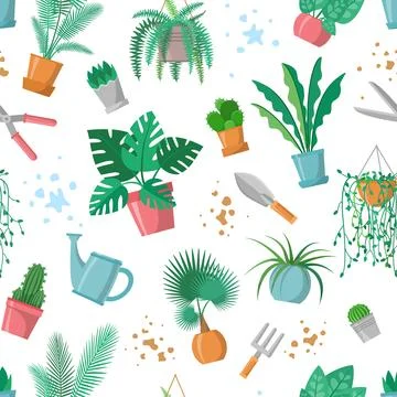 Seamless pattern with plants and garden tools, home plant repeated ornament Stock Illustration