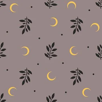 Seamless pattern with plants and moon. Stock Illustration