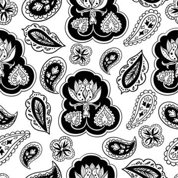 Seamless pattern with plants black and white plants and floral mandala elements Stock Illustration