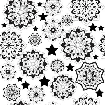 Seamless pattern with plants black and white plants and floral mandala elements Stock Illustration