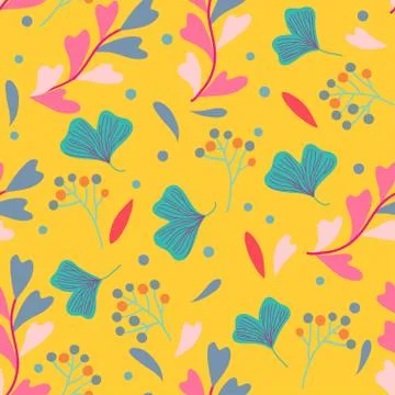 Seamless pattern with plants branches, leaves and berries. Vector illustration Stock Illustration