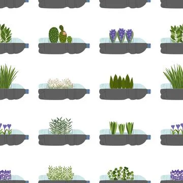 Seamless pattern of plastic bottle planters on white background. Vertical g.. Stock Illustration