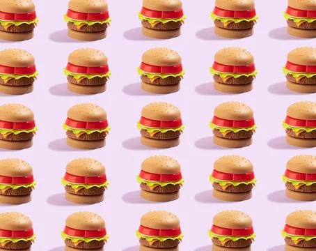 Seamless pattern of plastic childrens toy burger with salad, tomato, meat. Stock Photos