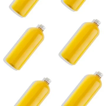 Seamless pattern of plastic cosmetic bottles with orange liquid, cosmetic oil Stock Photos