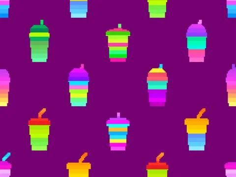 Seamless pattern with plastic or paper cups with straws in pixel art style... Stock Illustration