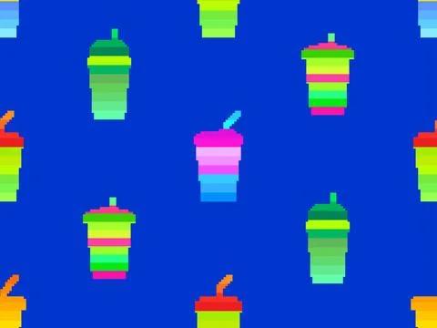 Seamless pattern with plastic or paper cups with straws in pixel art style... イラスト素材
