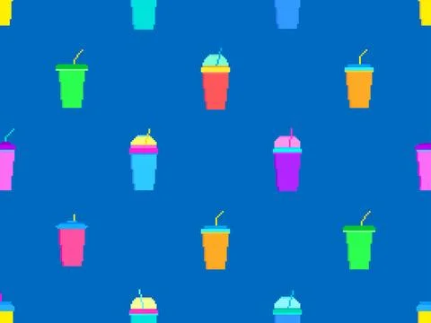 Seamless pattern with plastic or paper cups with straws in pixel art style... Stock-Illustration