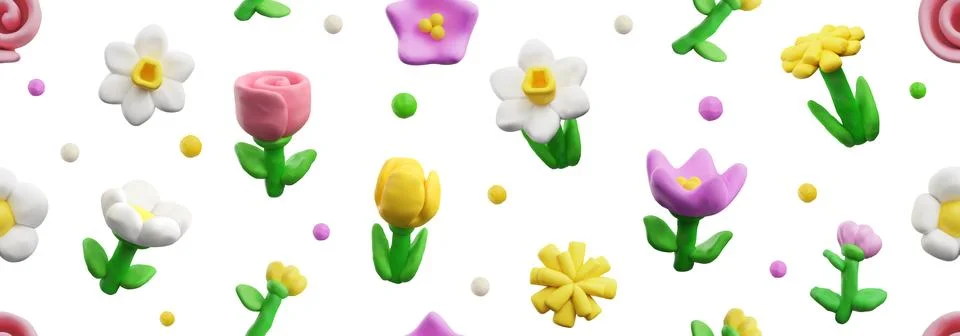 Seamless pattern with plasticine spring flowers, vector 3D clay texture blossom Stock Illustration