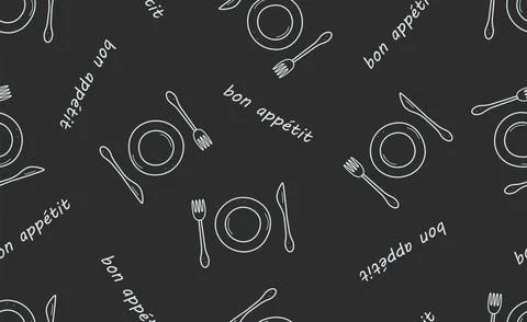 Seamless pattern of plate and cutlery. Table set fork knife doodle icons. Vec Stock Illustration