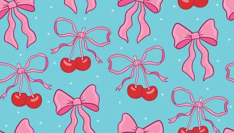 Seamless pattern with playful bows and cherries in coquette style. Illustrazione stock