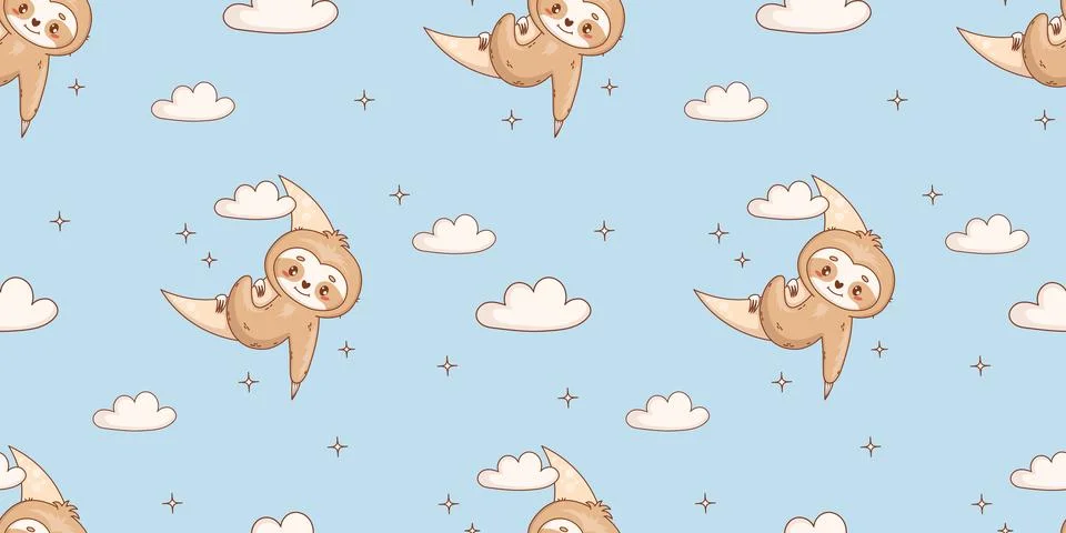 Seamless Pattern Playful Sloth Hanging on Moon with Cloud. Cute Little Baby.. Illustrazione stock