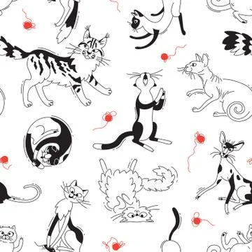 Seamless pattern with playing cats of different breeds and skeins of yarn. Cat Stock Illustration