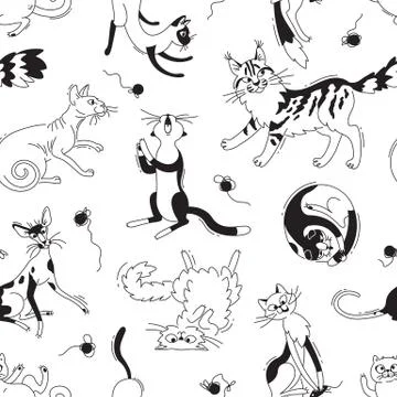 Seamless pattern with playing cats of different breeds and skeins of yarn. Cat Stock Illustration
