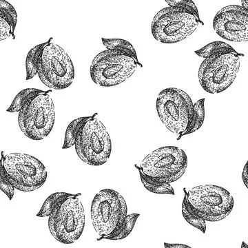 Seamless pattern plum fruit ripe food sketch hand drawn Stock Illustration