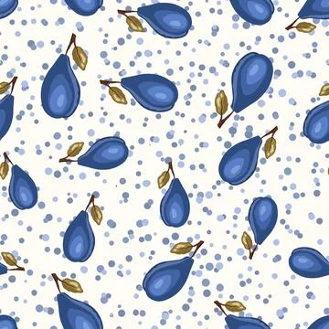 Seamless pattern with plum on polka dots background. Natural delicious fresh Illustrazione stock