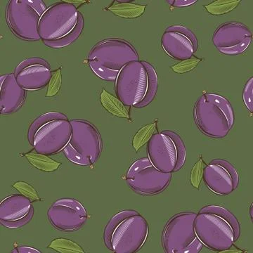 Seamless pattern with plums on a green background in vintage style Stock Illustration