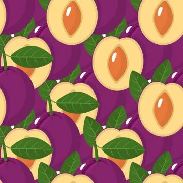 Seamless pattern with plums on white background. Organic fruit. Cartoon style Stock Illustration