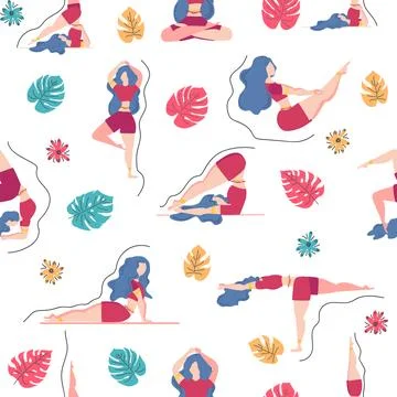 Seamless pattern Plus size curvy girls doing yoga class. Online home workou.. Stock Illustration