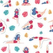 Seamless Pattern Plus Size Curvy Girls Doing Yoga Class. Online